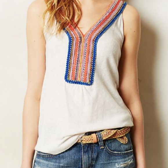 Anthropologie Tops - Anthropologie cream embroidered neckline tank top